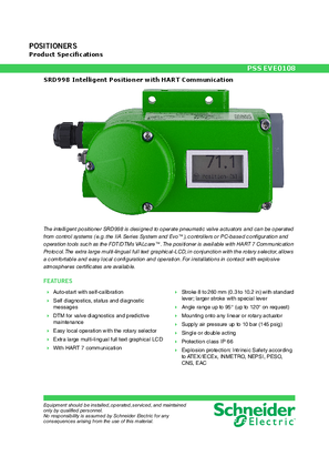 Image of SRD998 Intelligent Positioner with HART Communication Product Specification Guide
