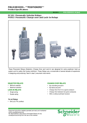 Image of Product Specification - PC191 Pneumatic Selector Relays / PS953 Pneumatic Change over and Lock-In Relays