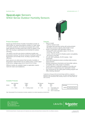 Image of SpaceLogic Sensors - SHO2 Series Outdoor Humidity Sensors - Specification Sheet