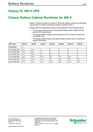 Image of Battery Runtime Chart: Galaxy VL 400 V with Classic Battery Cabinet