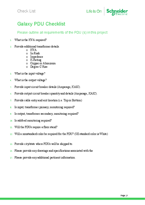 Image of Galaxy PDU Checklist NAM