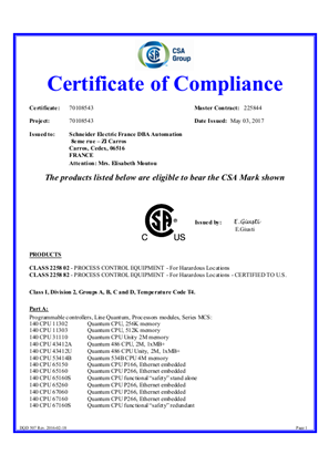 Billede af Modicon Quantum, Certificate, cCSAus, Hazardous Location