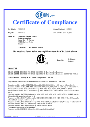 Image of Modicon M580 M340 X80, Certificate, cCSAus, Hazardous Location