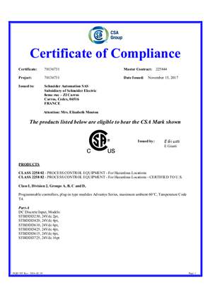 的映像 Modicon STB, Certificate, cCSAus, Hazardous Location