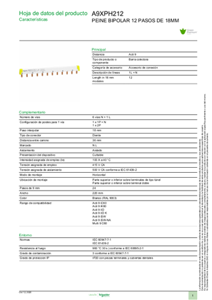 Imagen de Hoja de datos del producto - A9XPH212, PEINE BIPOLAR 12 PASOS DE 18MM
