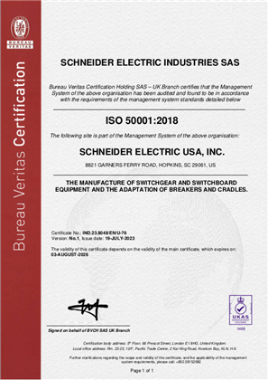 Image of ISO50001 Certificate Columbia SC Plant Hopkins