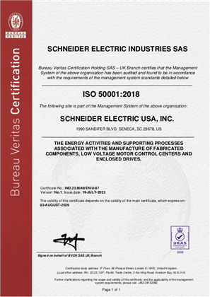 Image of ISO50001 Certificate Seneca SC USA RA
