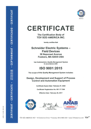 Image of Schneider Electric Systems Field Devices ISO 9001:2015 Certificate - Design, Development and Support