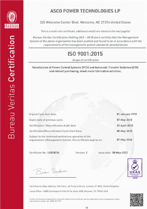 Image of ISO9001 Certificate EM Secure Power ASCO