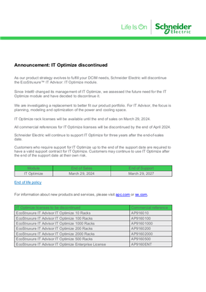 イメージ EcoStruxure IT Advisor IT Optimize Discontinuation Notice