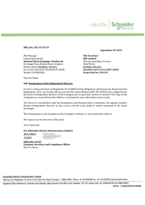 Image of Intimation Letter Resignation of Geeta Mathur Sep 09 2019