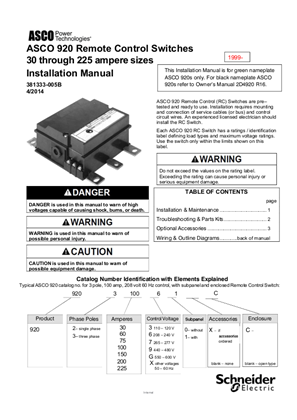 Image of User Manual l ASCO 920 Remote Control Switches l 30-225 Amps l 381333-005