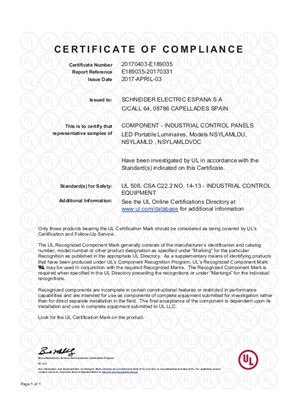 Immagine di UL CERTIFICATE OF COMPLIANCE UL 508-CSA C22.2