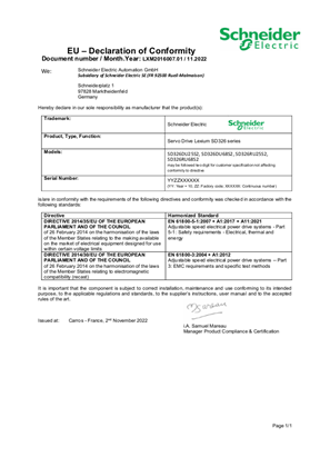 Image of Lexium SD326, Declaration of Conformity, EU CE, Schneider Electric