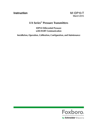 Image of I/A Series Pressure Transmitters - IDP10 Differential Pressure with HART Communication - Installation, Operation, Calibration, Configuration, and Maintenance