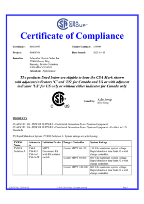 MPPT Disconnect RS Certificate of Compliance PVRSS CSA | Schneider Electric