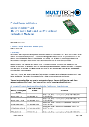 Image of Product Change Notification - SocketModem Cell 4G-LTE Cat 4, Cat 1 and Cat M1 Cellular Embedded Modems