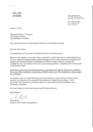 Image of NetShelter SX with Shock Packaging Cisco Certification Letter