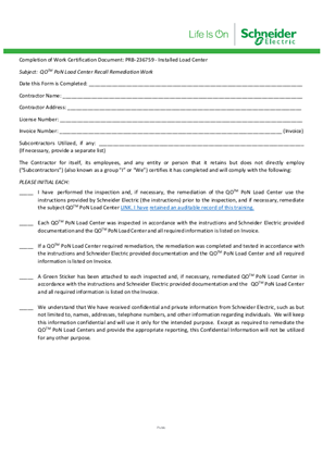 Image of Completion of Work Certification Document: PRB-236759 – Installed Load Center