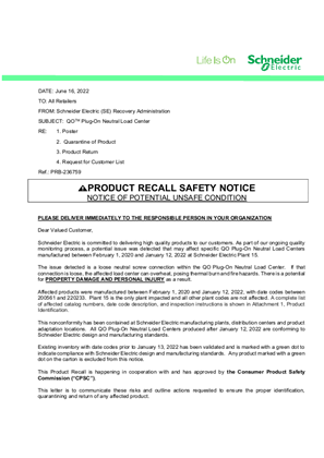 Image of Retail Letter - QO Plug On Neutral Load Centers