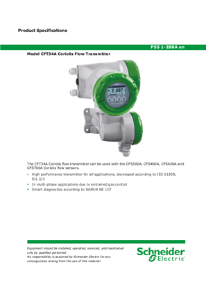 Image of Model CFT34A Coriolis Flow Transmitter Product Specification Sheet