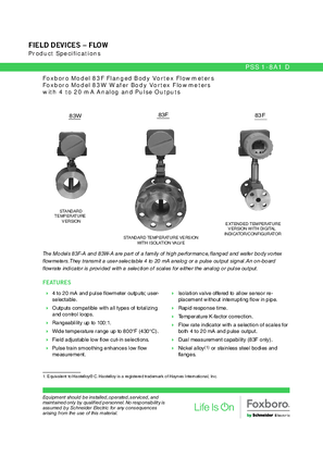 Image of Foxboro Model 83F Flanged Body Vortex Flowmeter Foxboro Model 83W Wafer Body Vortex Flowmeters with 4 to 20 mA Analog and Pulse Outputs