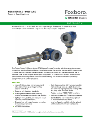 Image of Model IGP25 I/A Series Multirange Gauge Pressure Transmitter for Sanitary Processes with Digital or Analog Output Signals
