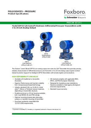 Image of Model IDP10 I/A Series Electronic Differential Pressure Transmitters with 4 to 20 mA Analog Output