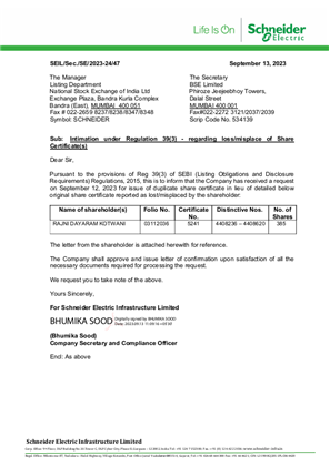 Image of Loss of share certification intimation