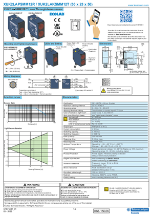 Obrázek XUK2LAPSMM12R / XUK2LAKSMM12T Laser through-beam sensor, Instruction Sheet