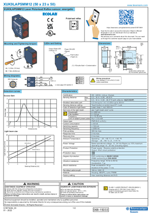 的映像 XUK9LAPSMM12 Laser Polarised Reflex sensor, energetic, Instruction Sheet