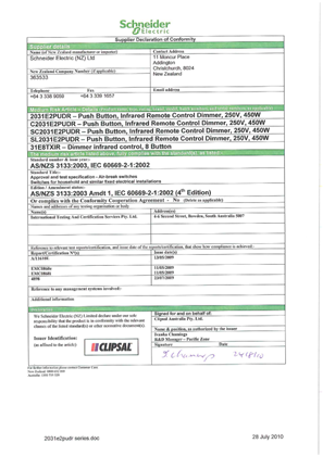 Image of Classic C2000 Series, SC2031E2PUDR Push Button Remote Dimmer, Declaration of Conformity