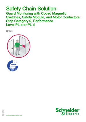 Image of Safety Chain Solution - Guard Monitoring with Coded Magnetic Switches, Safety Module, and Motor Contactors - Stop Category 0, Performance Level PL e or PL d
