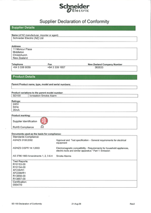 Image of Smoke Alarms, SD100, Declaration of Conformity