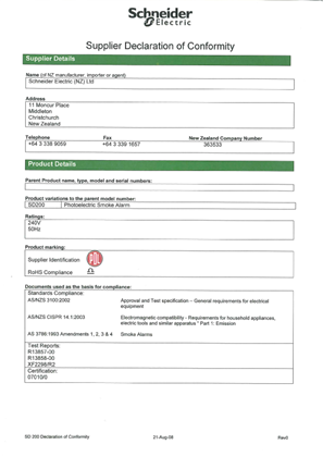 Image of Smoke Alarms, SD200, Declaration of Conformity