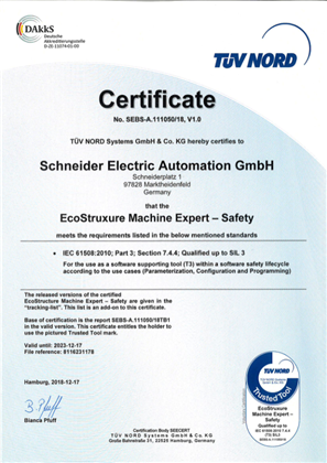 EcoStruxure Machine Expert Certificate TUV Functional Safety