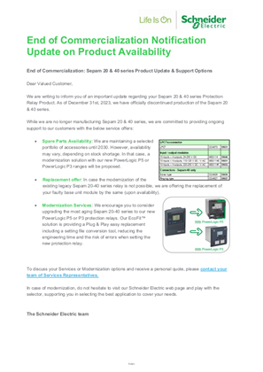 Obraz Sepam 20 & 40 Series, End of Commercialization Notification