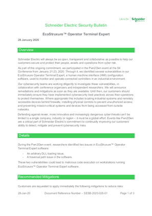 Image of Security Bulletin – EcoStruxure™ Operator Terminal Expert