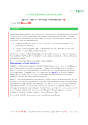 Security Bulletin - Legacy Triconex Product Vulnerabilities (V2.1)