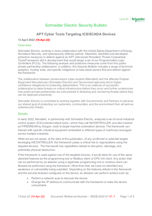 Image of Security Bulletin - APT Cyber Tools Targeting ICS/SCADA Devices