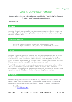 Image of Security Notification – USB Removable Media Provided With Conext Combox and Conext Battery Monitor