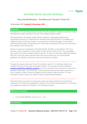 Security Notification - EcoStruxure Triconex Tricon V3