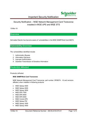 Security Notification-– 66074 MGE Network Management Card Transverse installed in MGE UPS and MGE STS