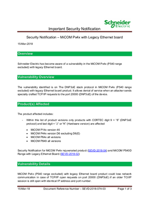 Security Notification - MiCOM Px4x range with legacy Ethernet Board
