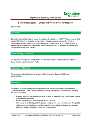 Security Notification – Embedded Web Servers for Modicon