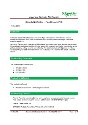 Security Notification – PlantStruxure PES