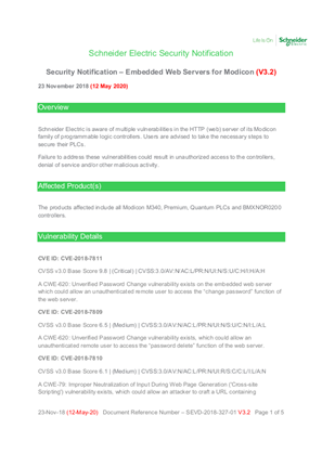 Security Notification - Embedded Web Servers for Modicon (V3.2)