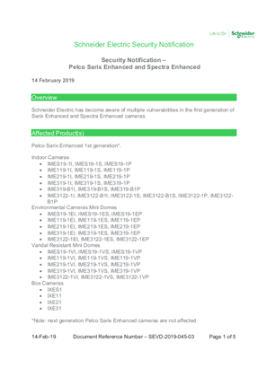 Security Notification - Pelco Sarix Enhanced and Spectra Enhanced