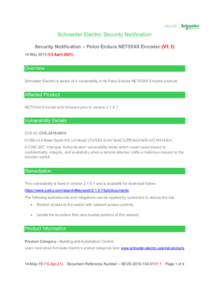 Security Notification - Pelco Endura NET55XX Encoder (V1.1)