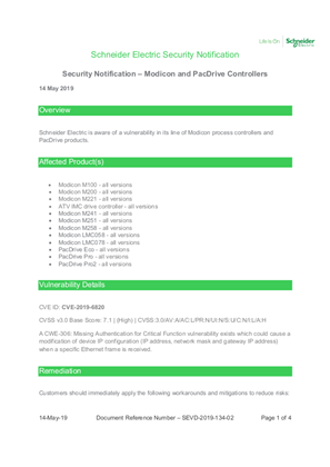 Security Notification - Modicon and PacDrive Controllers
